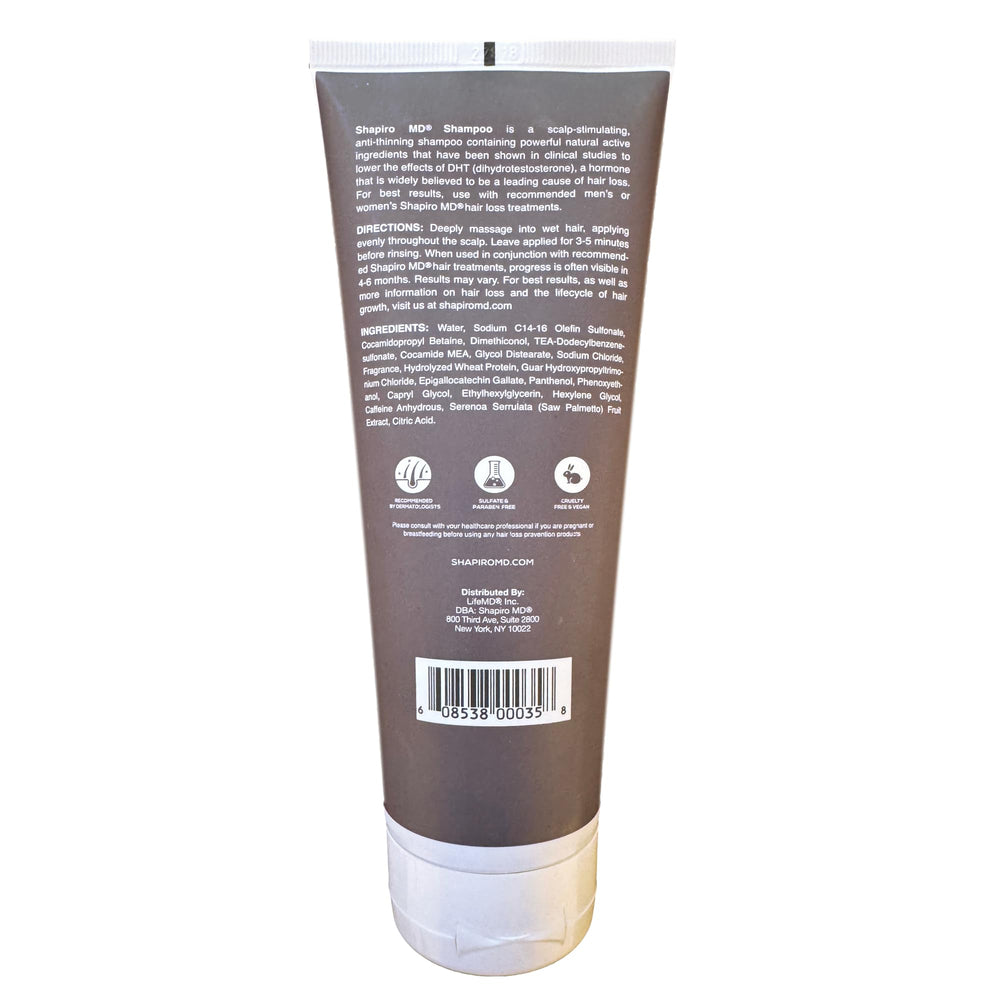 Shapiro MD Hair Growth Experts packaging dermatologist-developed shot emphasizes vegan, sulfate-free formula.