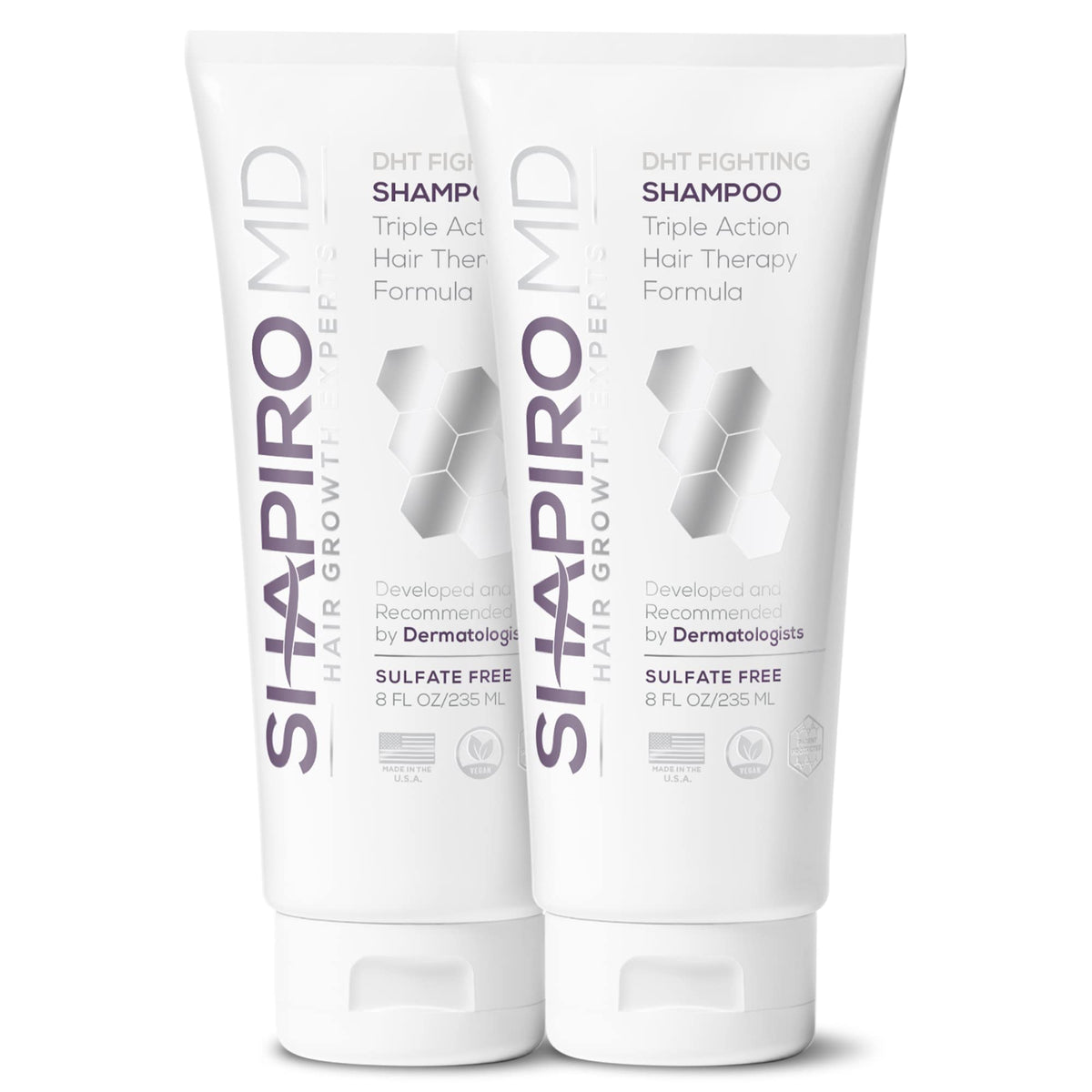 Shapiro MD Hair Growth Experts shampoo bottle with vegan, DHT-fighting formula for thinning hair.