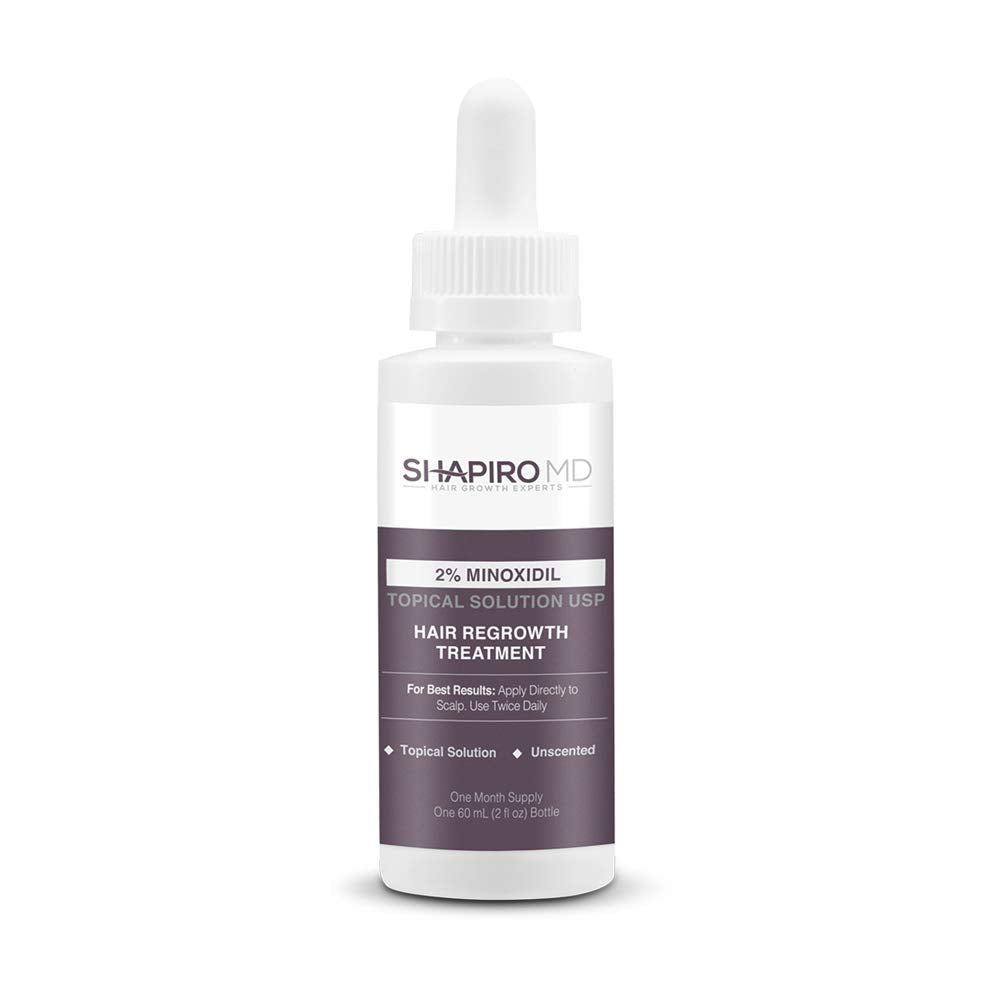 Shapiro MD Minoxidil 2% serum bottle closeup for hair regrowth support