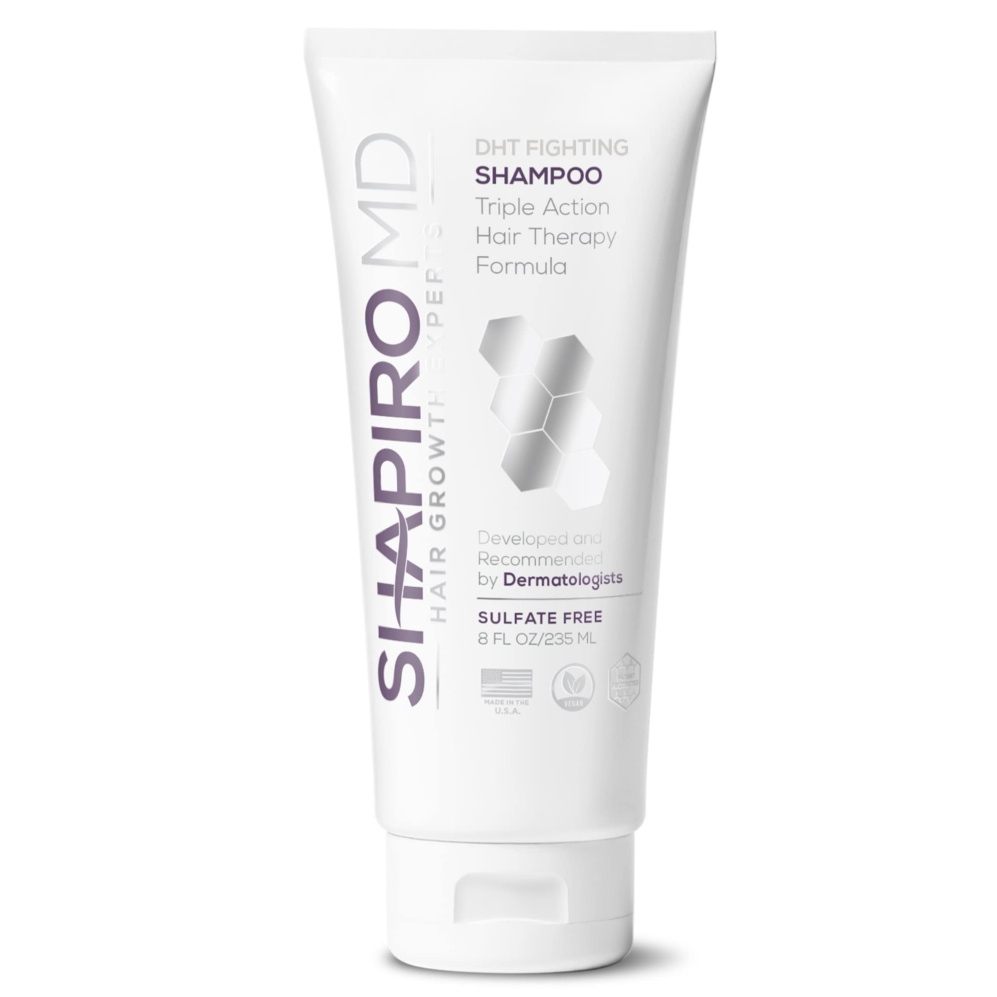 Shapiro MD vegan hair loss shampoo bottle front promotes a fuller look with triple-action formula.