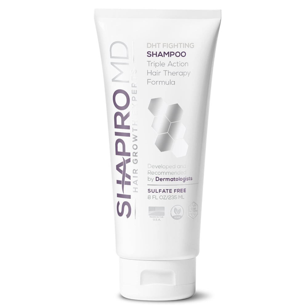 Shapiro MD vegan hair loss shampoo bottle front promotes a fuller look with triple-action formula.