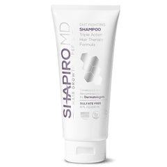 Shapiro MD vegan hair loss shampoo bottle front promotes a fuller look with triple-action formula.