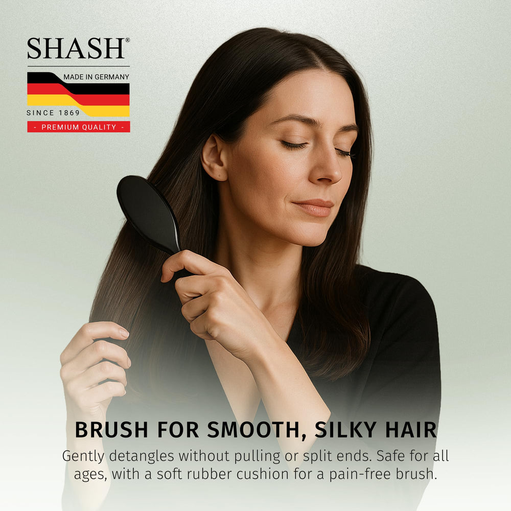 SHASH brush on dry hair gentle stroke reduces frizz and pulling.
