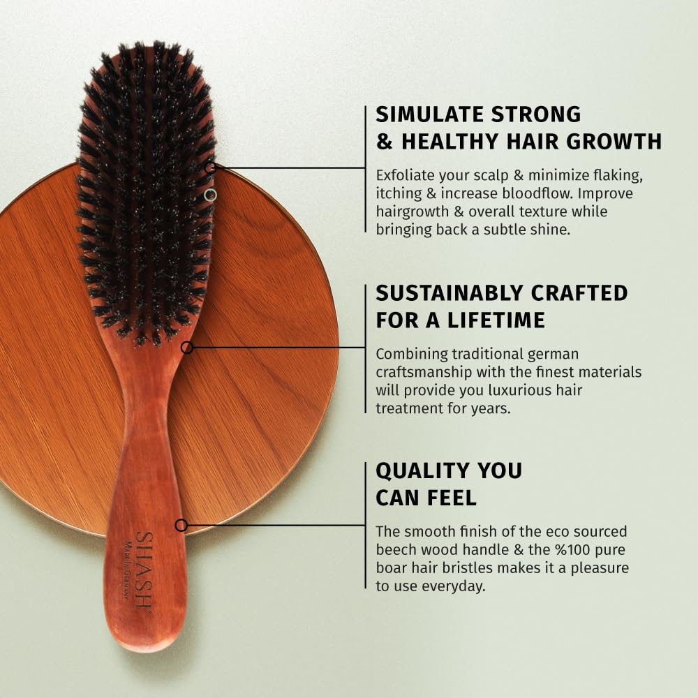 SHASH Classic boar bristle brush damp-hair use shows careful technique for minimal damage.