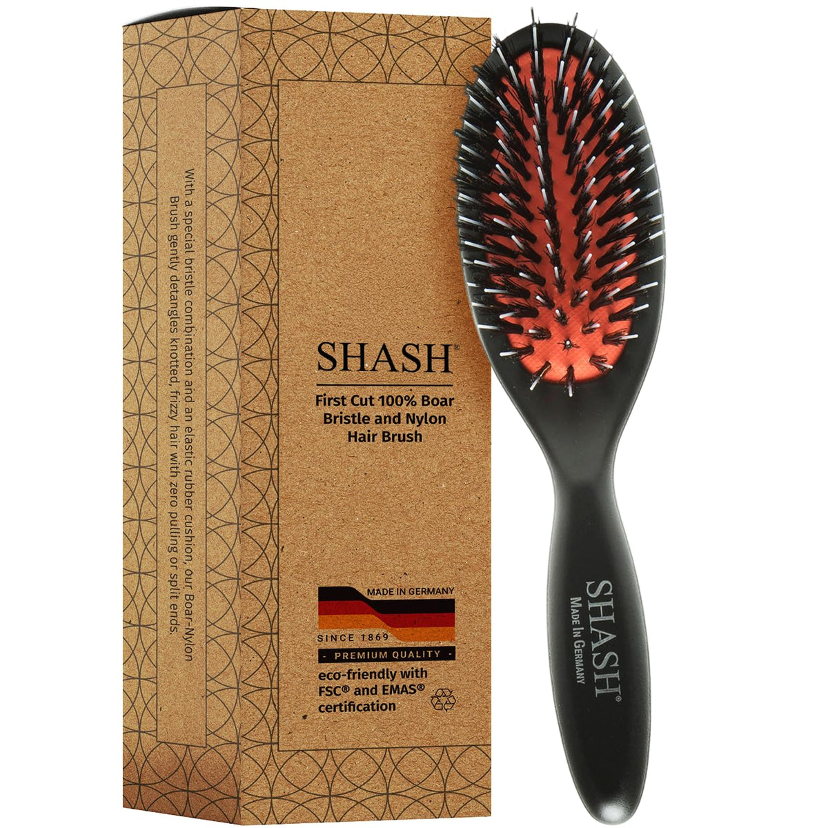 SHASH extra-small nylon boar-bristle brush top view for portable detangling on the go.