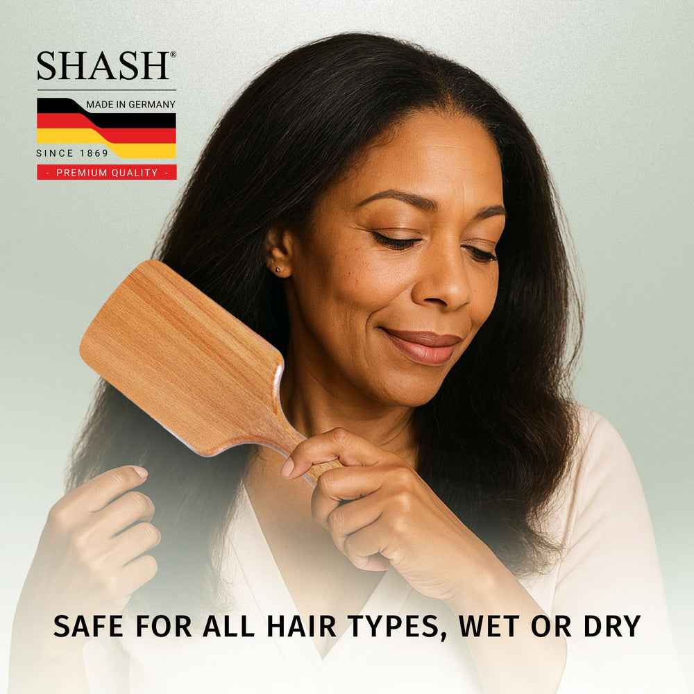 SHASH since 1869 German craftsmanship emphasizes durable, high-quality paddle brush.