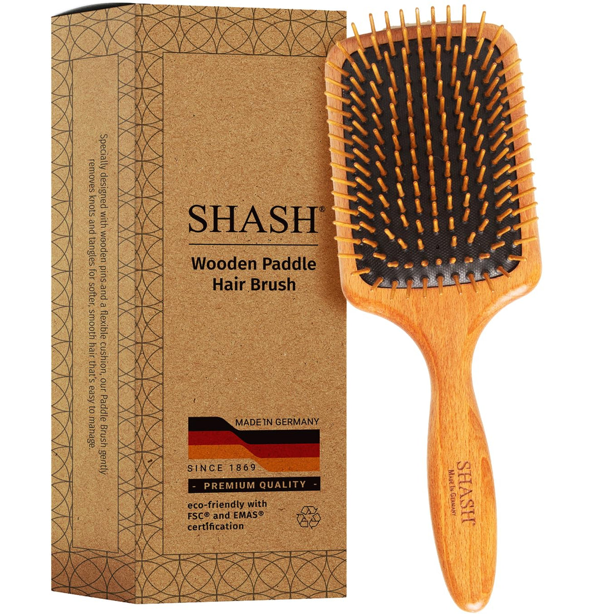 SHASH wooden paddle brush long pins closeup for gentle detangling and reduced snagging.