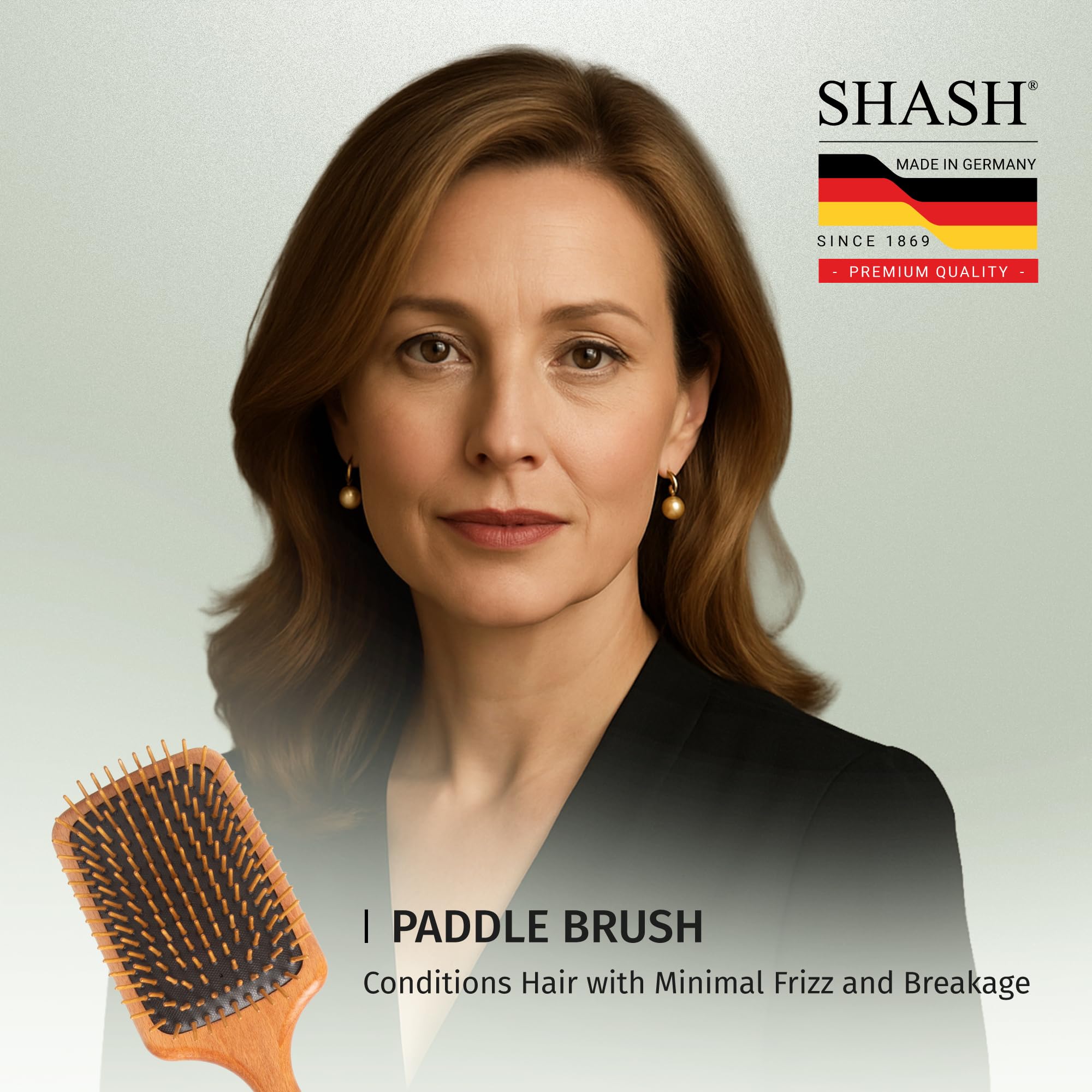 SHASH wooden paddle brush wet/dry use demonstrates versatile daily care.