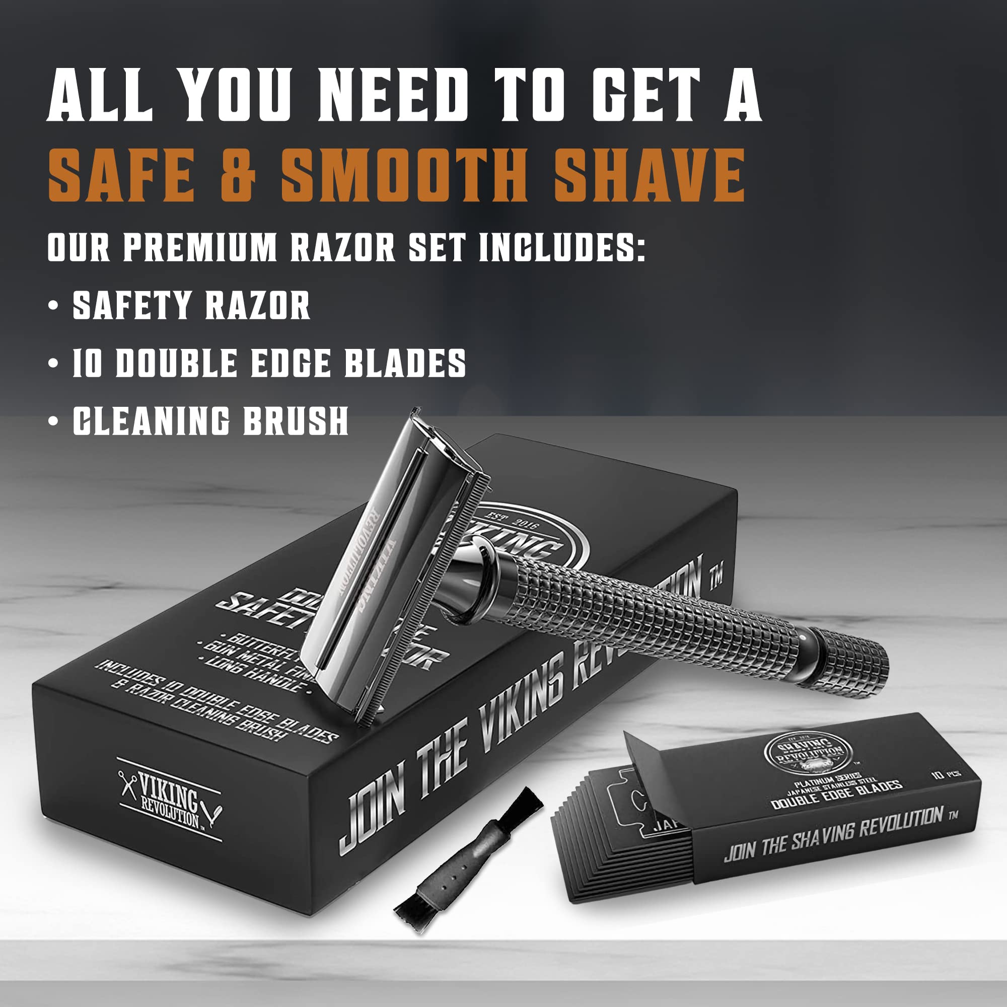 SHAVING REVOLUTION black long-handle razor offers a secure grip for precise shaving.