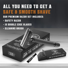 SHAVING REVOLUTION black long-handle razor offers a secure grip for precise shaving.
