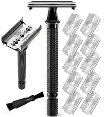 SHAVING REVOLUTION long-handle safety razor with butterfly-open design for easy blade changes.