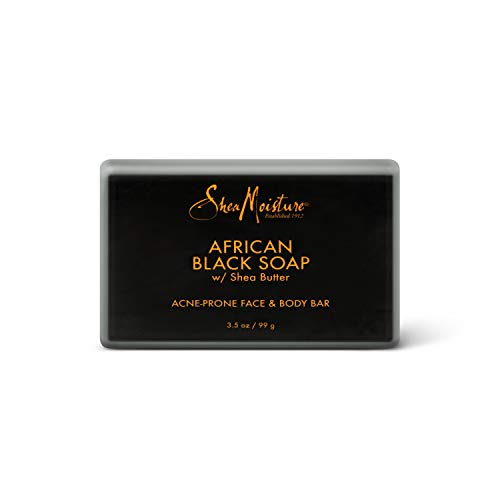 SheaMoisture African Black Soap Bar close-up shows creamy lather for blemish-prone skin.