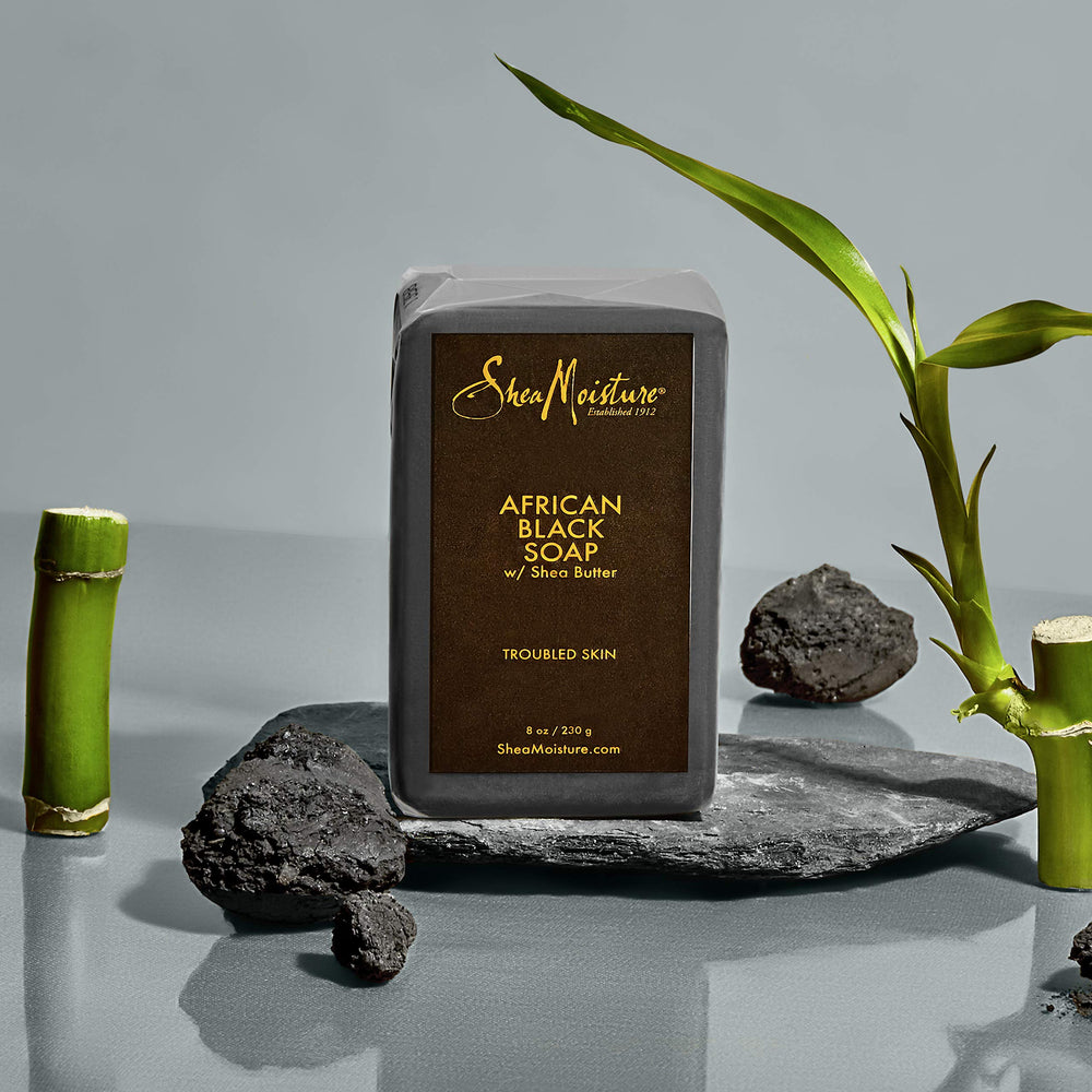 SheaMoisture African Black Soap Bar with Tamarind Extract suggests gentle exfoliation for textured skin.