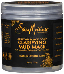 SheaMoisture African Black Soap Clarifying Mud Mask bottle highlights oil-control benefits for blemish-prone skin.