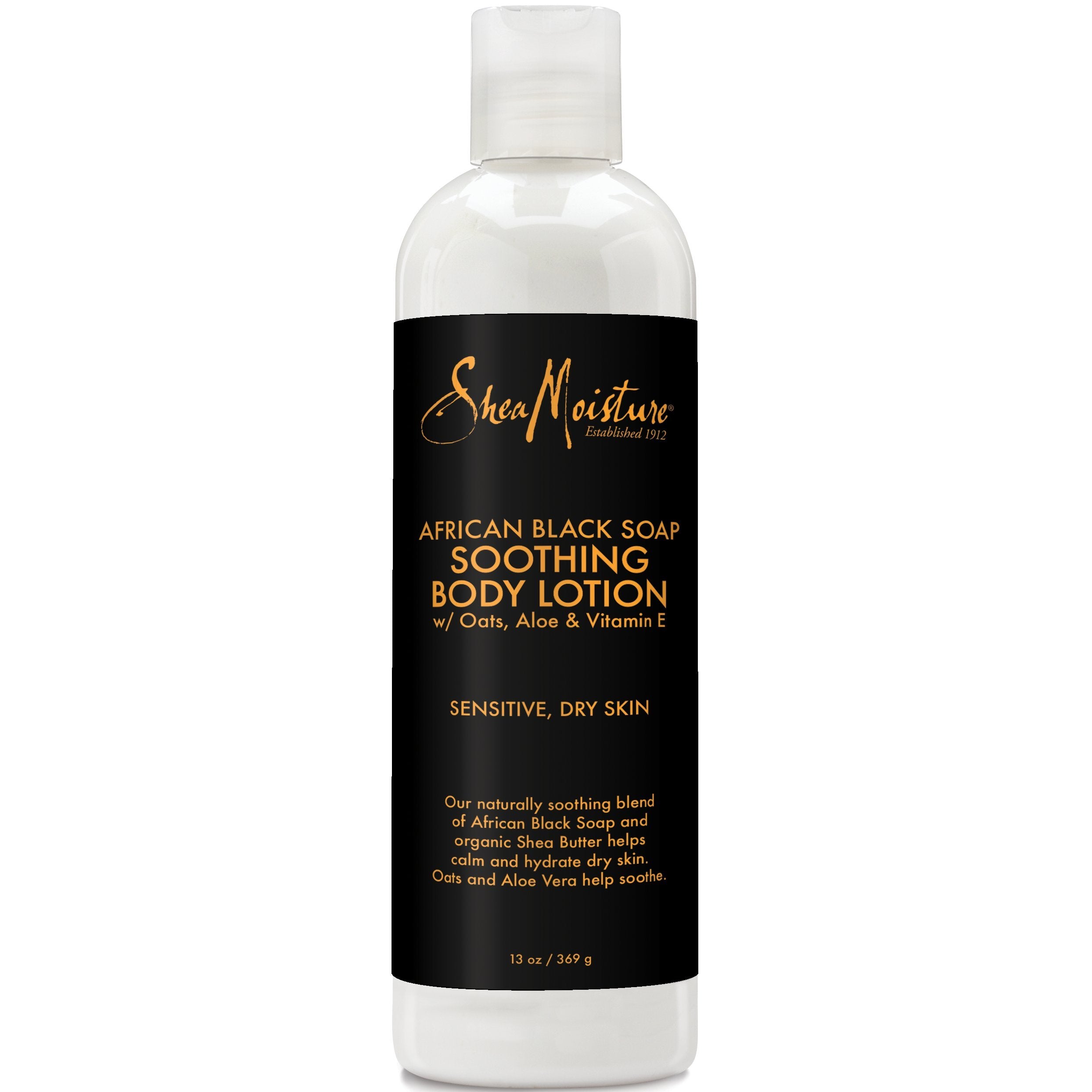 SheaMoisture African Black Soap Soothing Body Lotion bottle provides daily hydration.