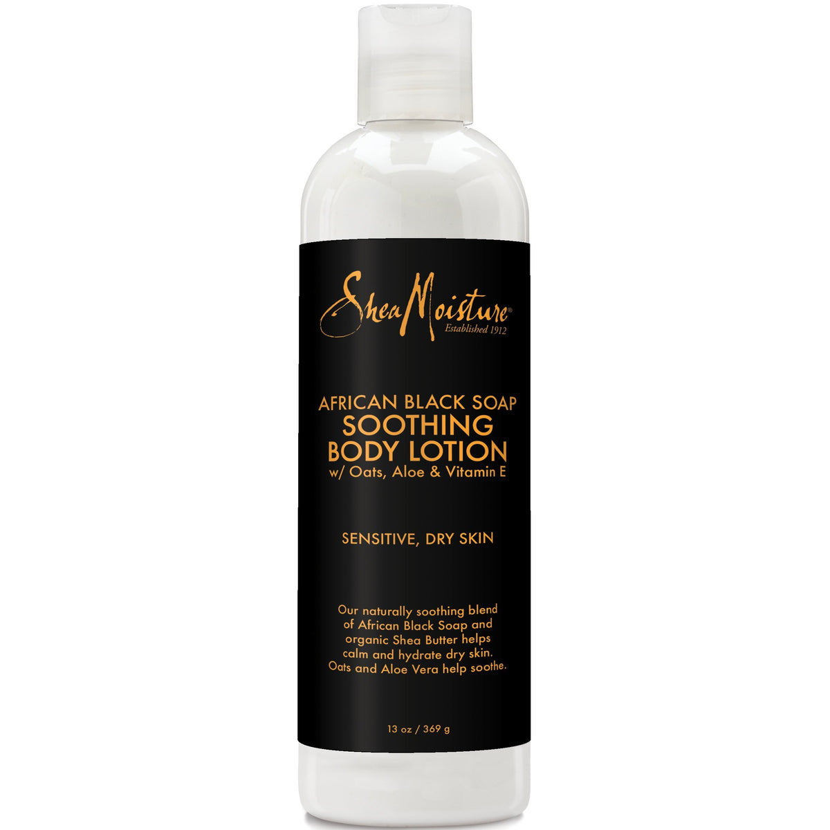 SheaMoisture African Black Soap Soothing Body Lotion bottle provides daily hydration.