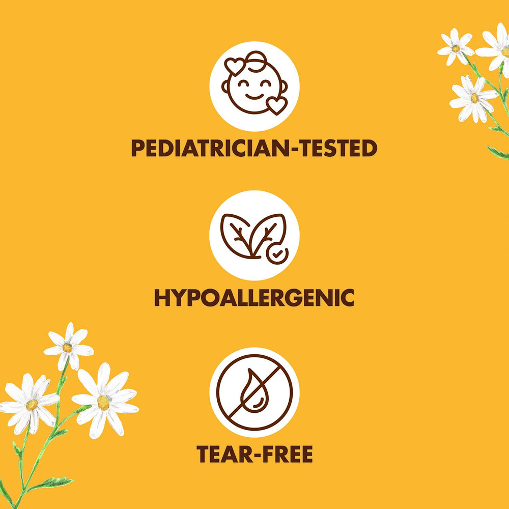 Sheamoisture Chamomile flower highlights soothing ingredients for calm bath time.