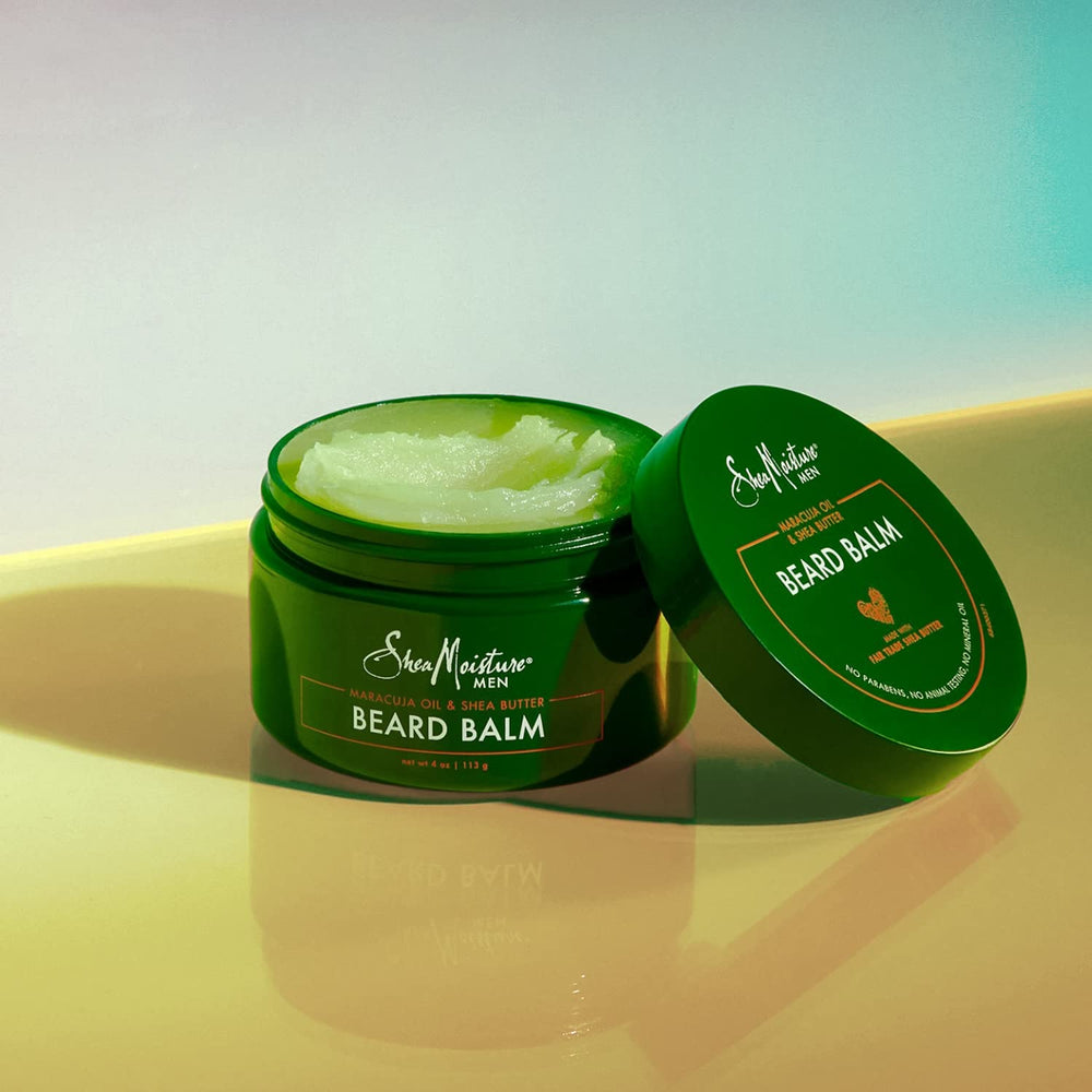 Closeup of SheaMoisture beard balm tin jar packaging