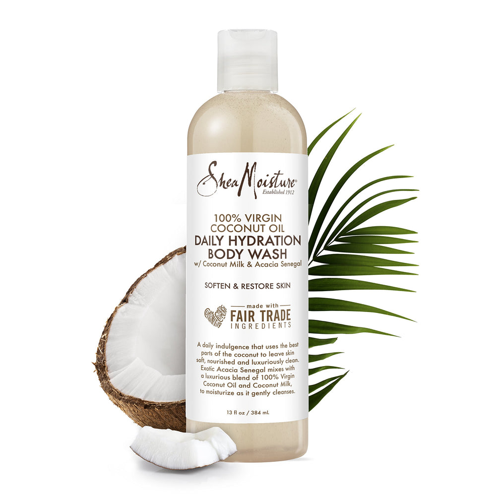 SheaMoisture bottle beside a natural bath sponge for spa bath routine.