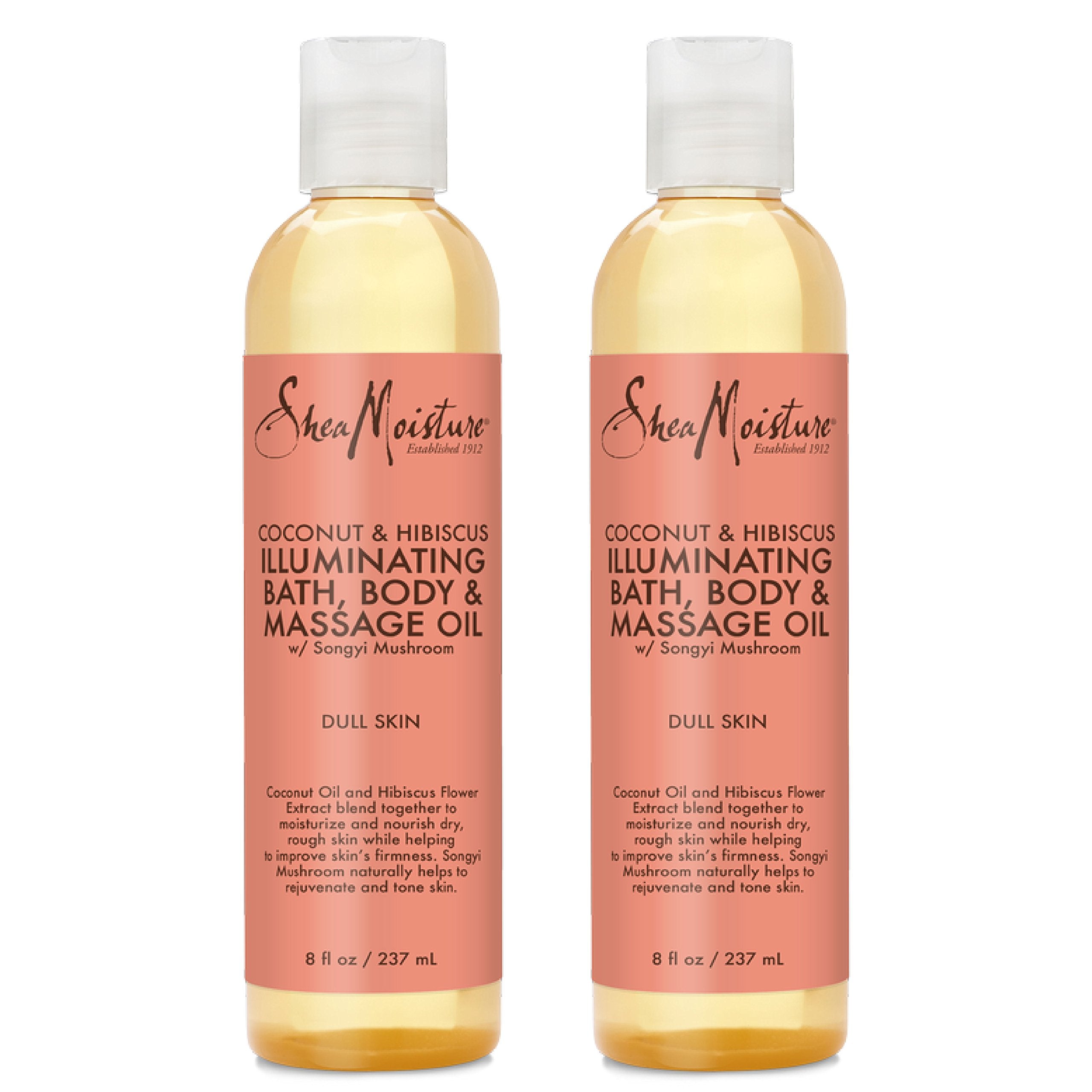 SheaMoisture Coconut & Hibiscus bath oil bottle pour shows silky hydration for dry skin.