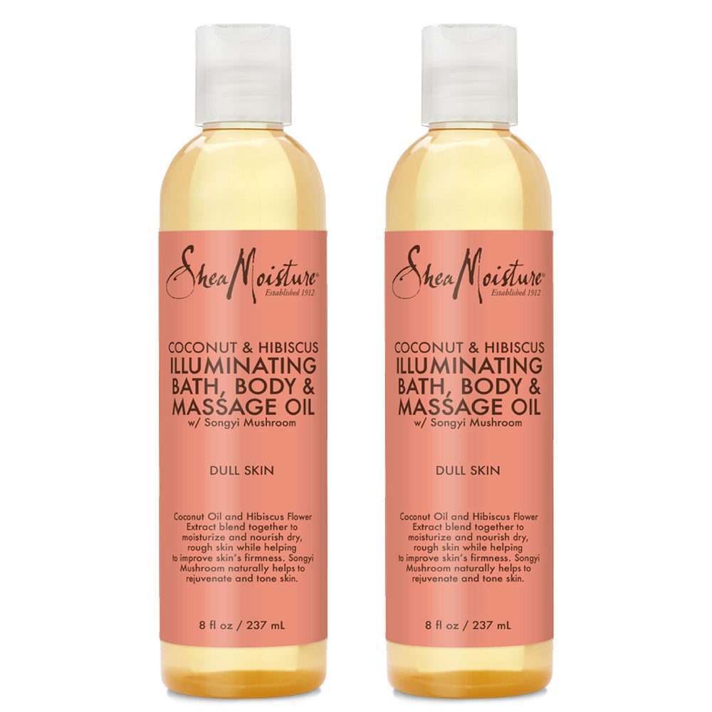 SheaMoisture Coconut & Hibiscus bath oil bottle pour shows silky hydration for dry skin.