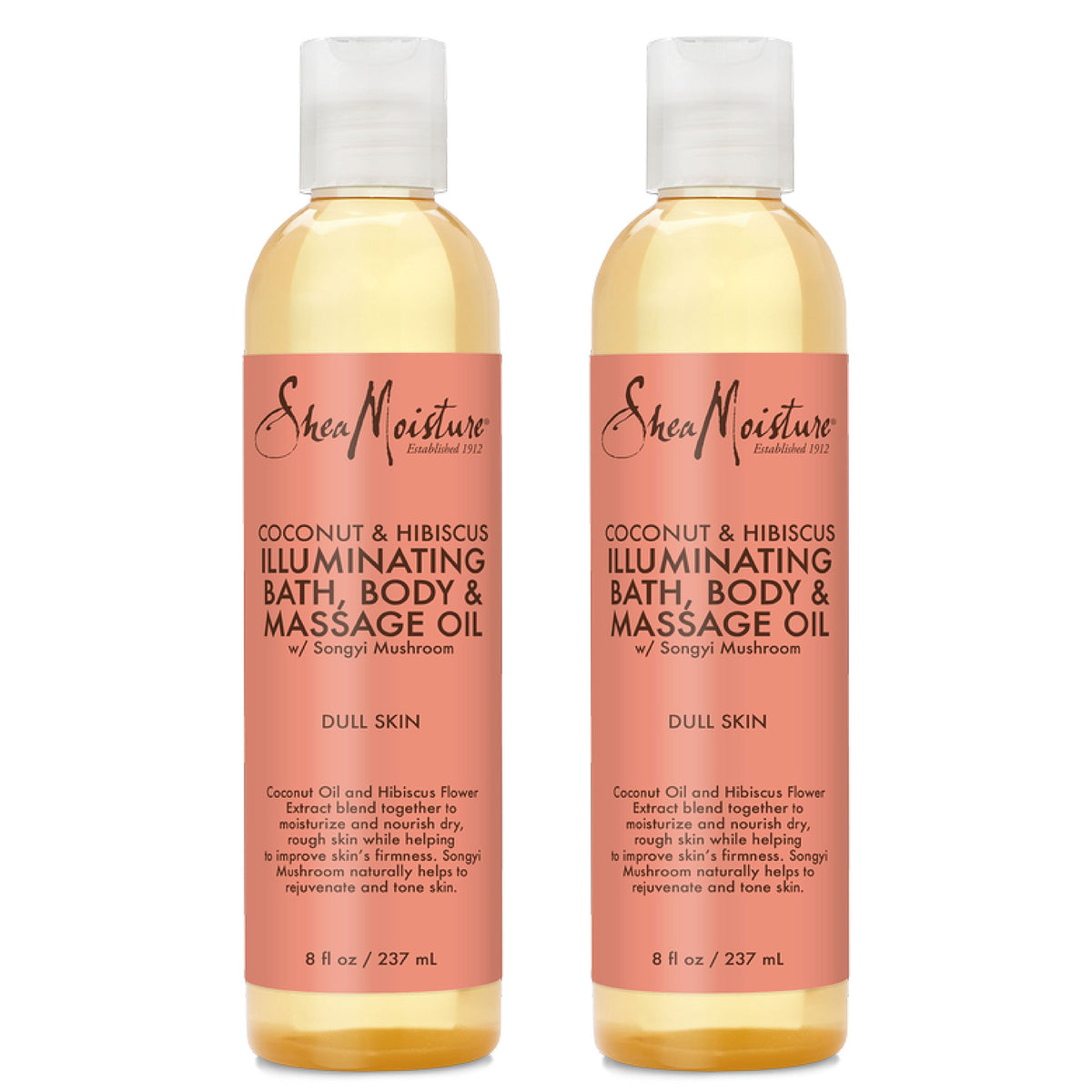 SheaMoisture Coconut & Hibiscus bath oil bottle pour shows silky hydration for dry skin.