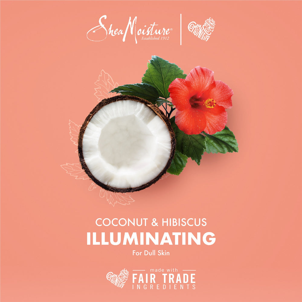 SheaMoisture coconut hibiscus bottle label closeup, premium skincare routine.