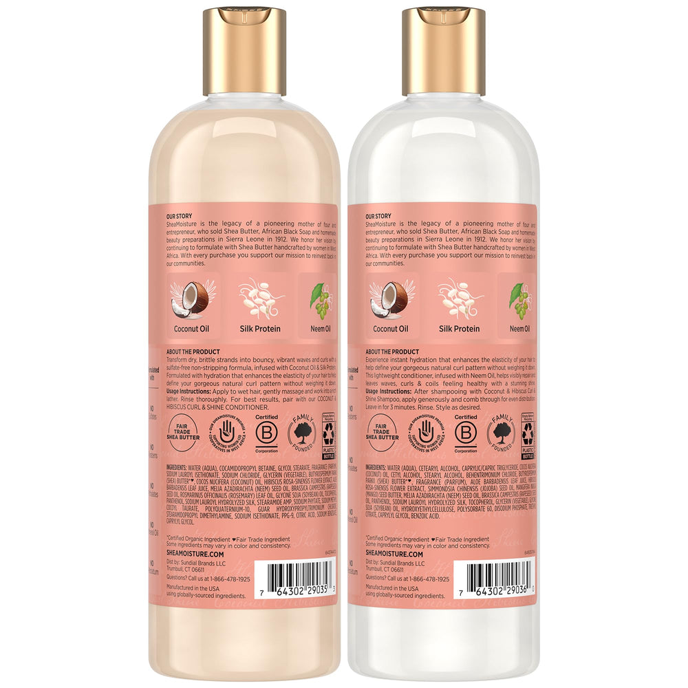SheaMoisture Coconut & Hibiscus Conditioner bottle emphasizes curl definition and frizz control.