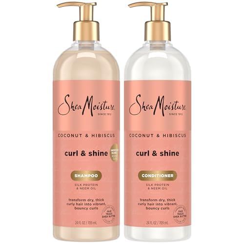 SheaMoisture Coconut & Hibiscus Curl & Shine shampoo bottle delivers frizz control for defined curls.