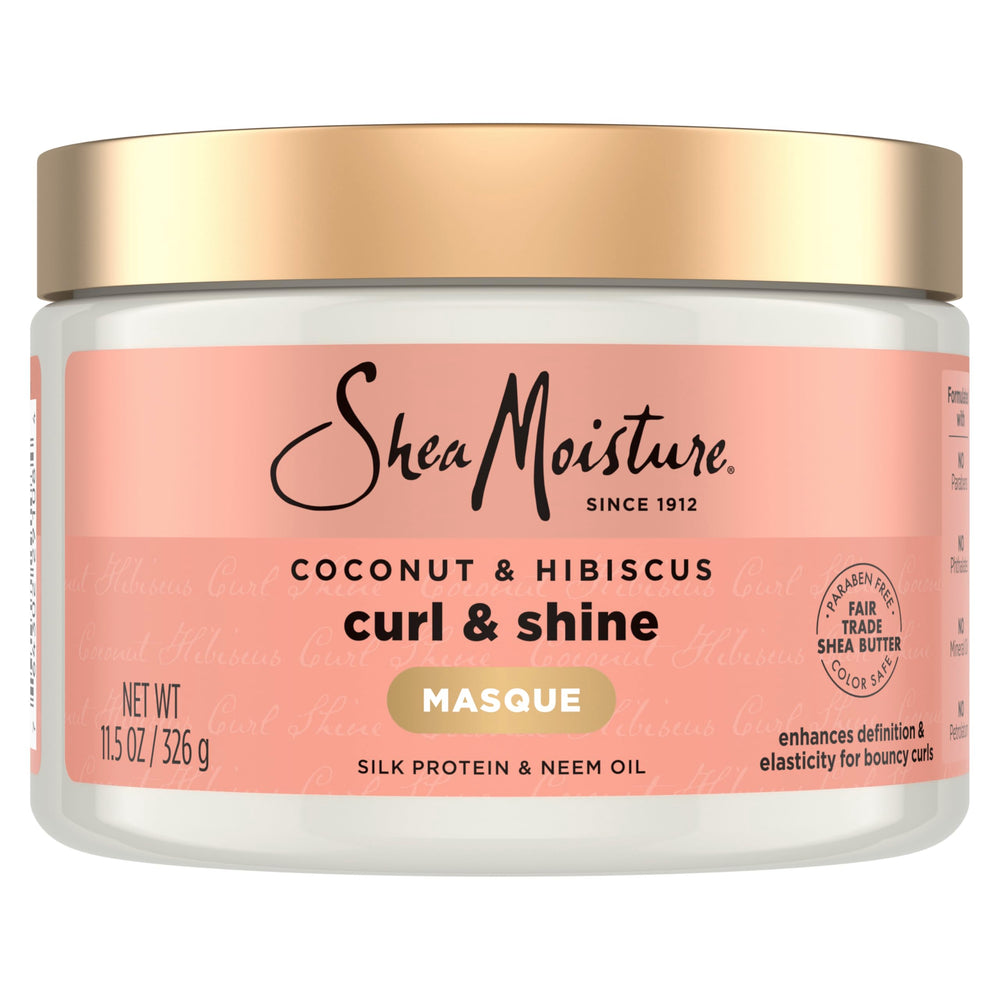 SheaMoisture Coconut Hibiscus Hair Mask jar closeup shows rich hydration for dry curls.