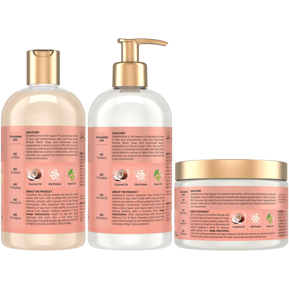 Sheamoisture Coconut & Hibiscus shampoo bottle shows gentle sulfate-free cleansing for curls