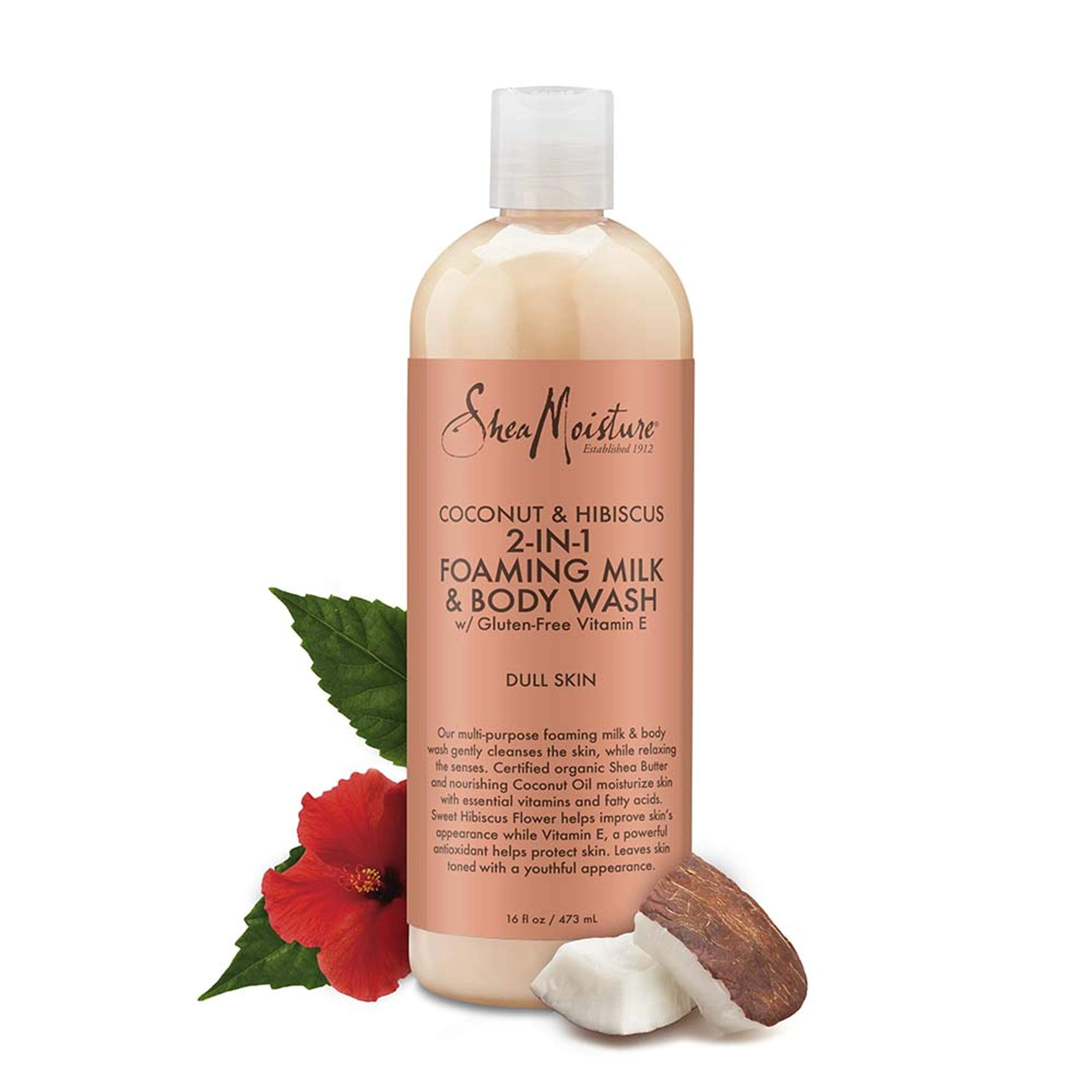 SheaMoisture coconut hibiscus shower-scene conveys refreshing cleanse ritual.