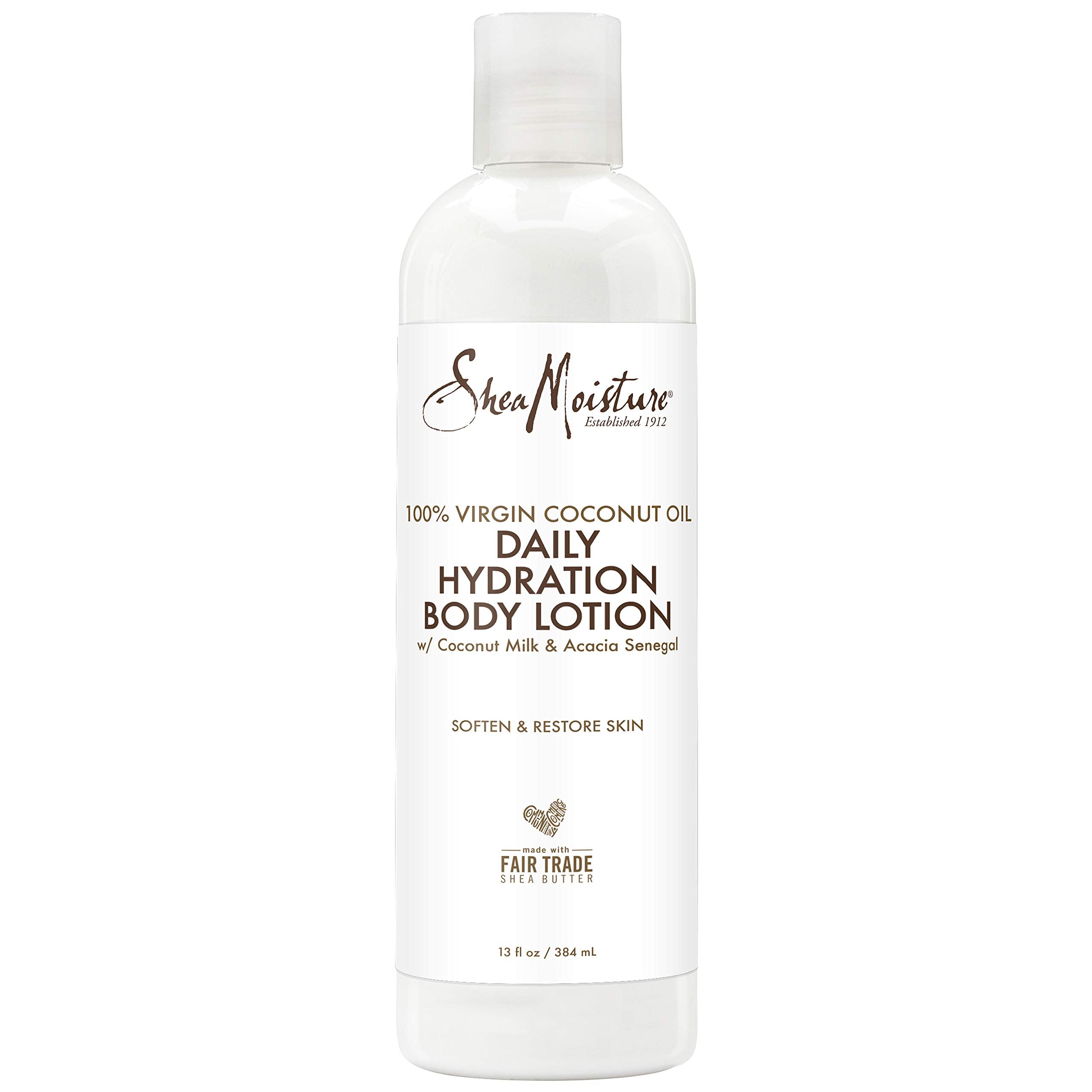 SheaMoisture coconut oil daily hydration lotion 13oz bottle shows creamy texture for after-shower moisture.