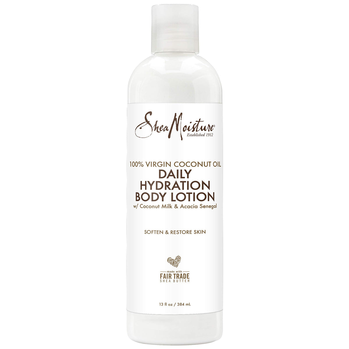 SheaMoisture coconut oil daily hydration lotion 13oz bottle shows creamy texture for after-shower moisture.