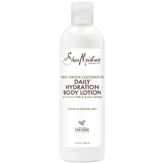 SheaMoisture coconut oil daily hydration lotion 13oz bottle shows creamy texture for after-shower moisture.