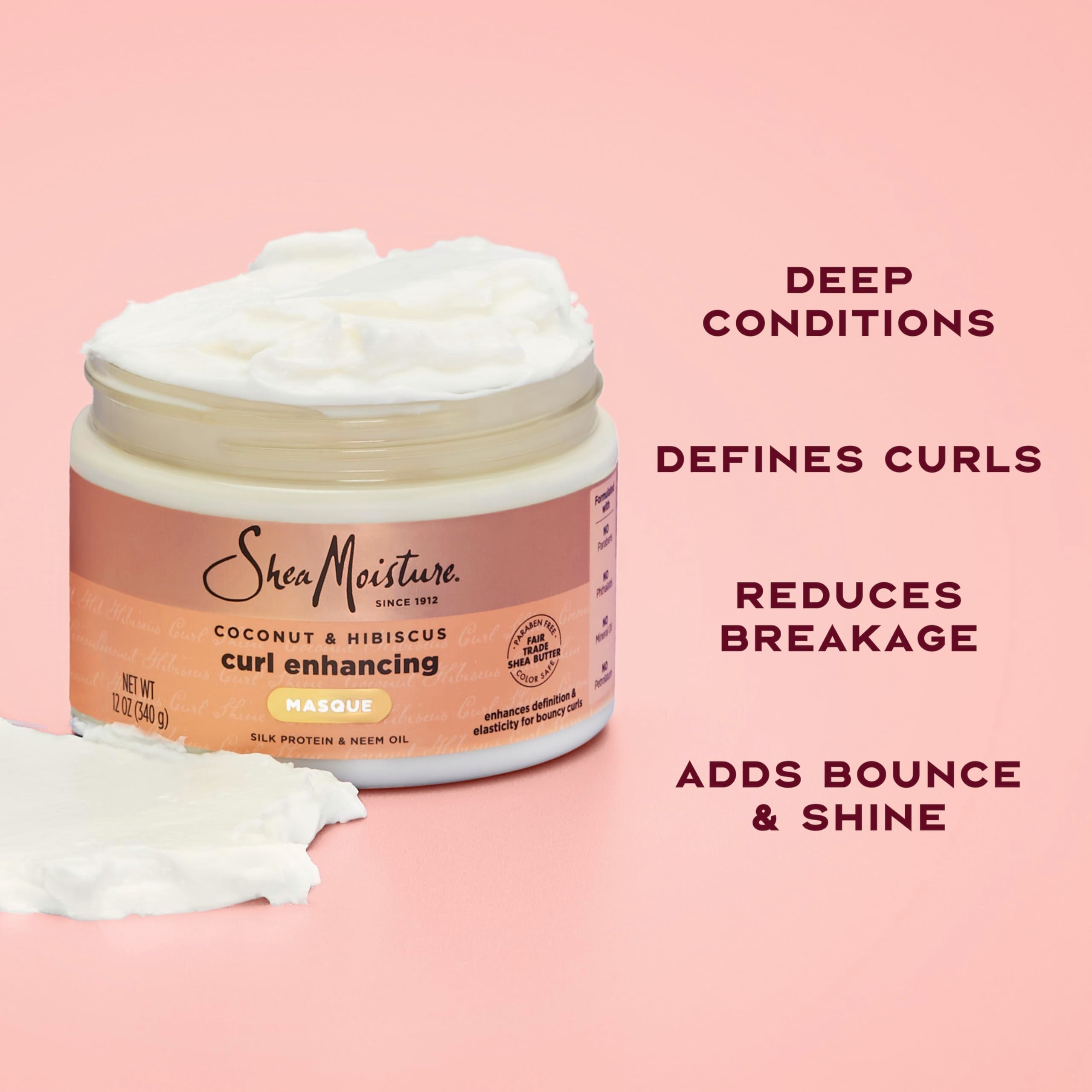 SheaMoisture Coconut Oil and Silk Protein closeup emphasizes hydration and shine.