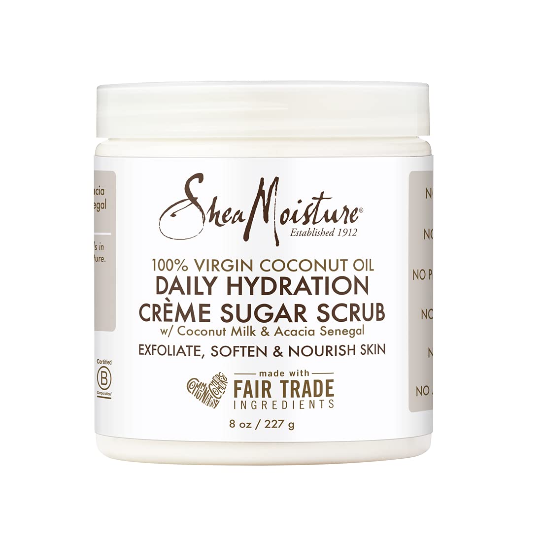 SheaMoisture Daily Hydration Creme Sugar Scrub jar demonstrating velvety coconut oil exfoliation.