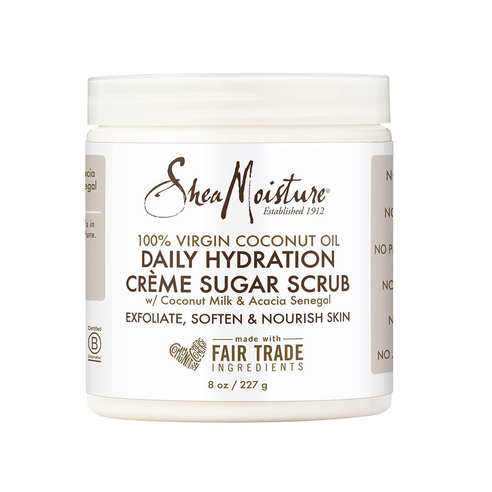 SheaMoisture Daily Hydration Creme Sugar Scrub jar demonstrating velvety coconut oil exfoliation.