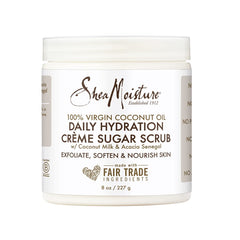 SheaMoisture Daily Hydration Creme Sugar Scrub jar demonstrating velvety coconut oil exfoliation.