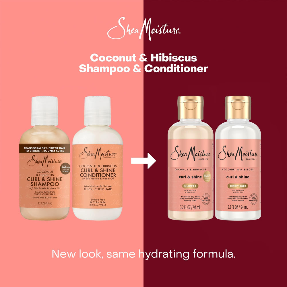 SheaMoisture curl routine travel kit scene highlights shiny, defined hair on the go.