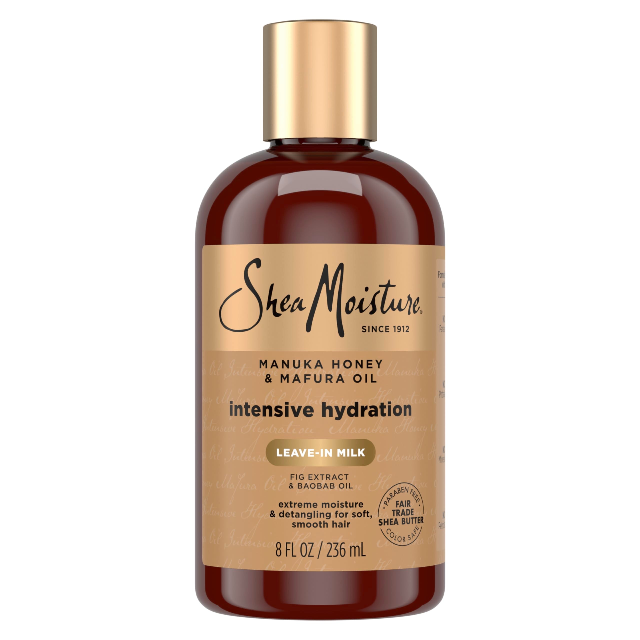 Sheamoisture Hydration Hair Milk bottle with Manuka Honey provides deep moisture for dry hair.