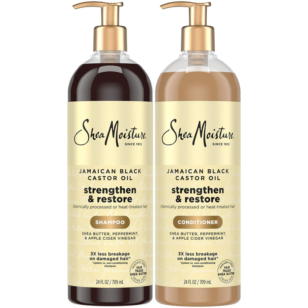 SheaMoisture Jamaican Black Castor Oil Shampoo bottle showing frizz-control hydration