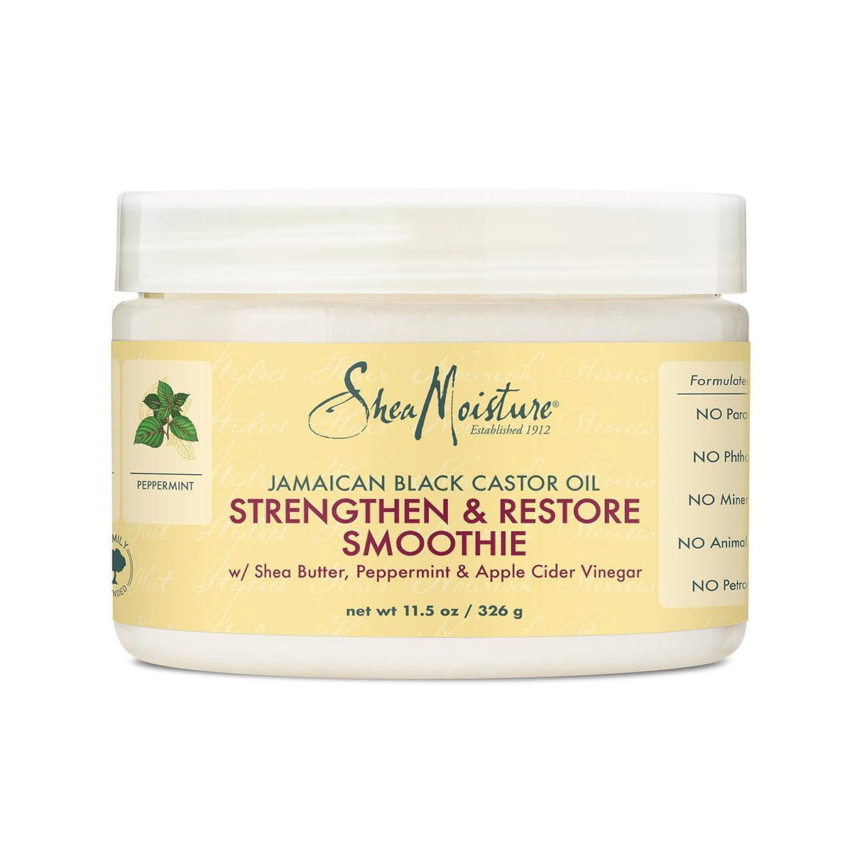 SheaMoisture Jamaican Black Castor Oil Strengthen & Restore Smoothie Cream bottle showcases curl-definition benefits.