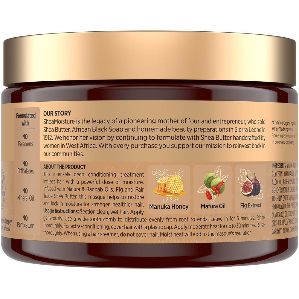 Close-up of Sheamoisture Manuka Honey Mafura Oil Masque jar with rich texture.