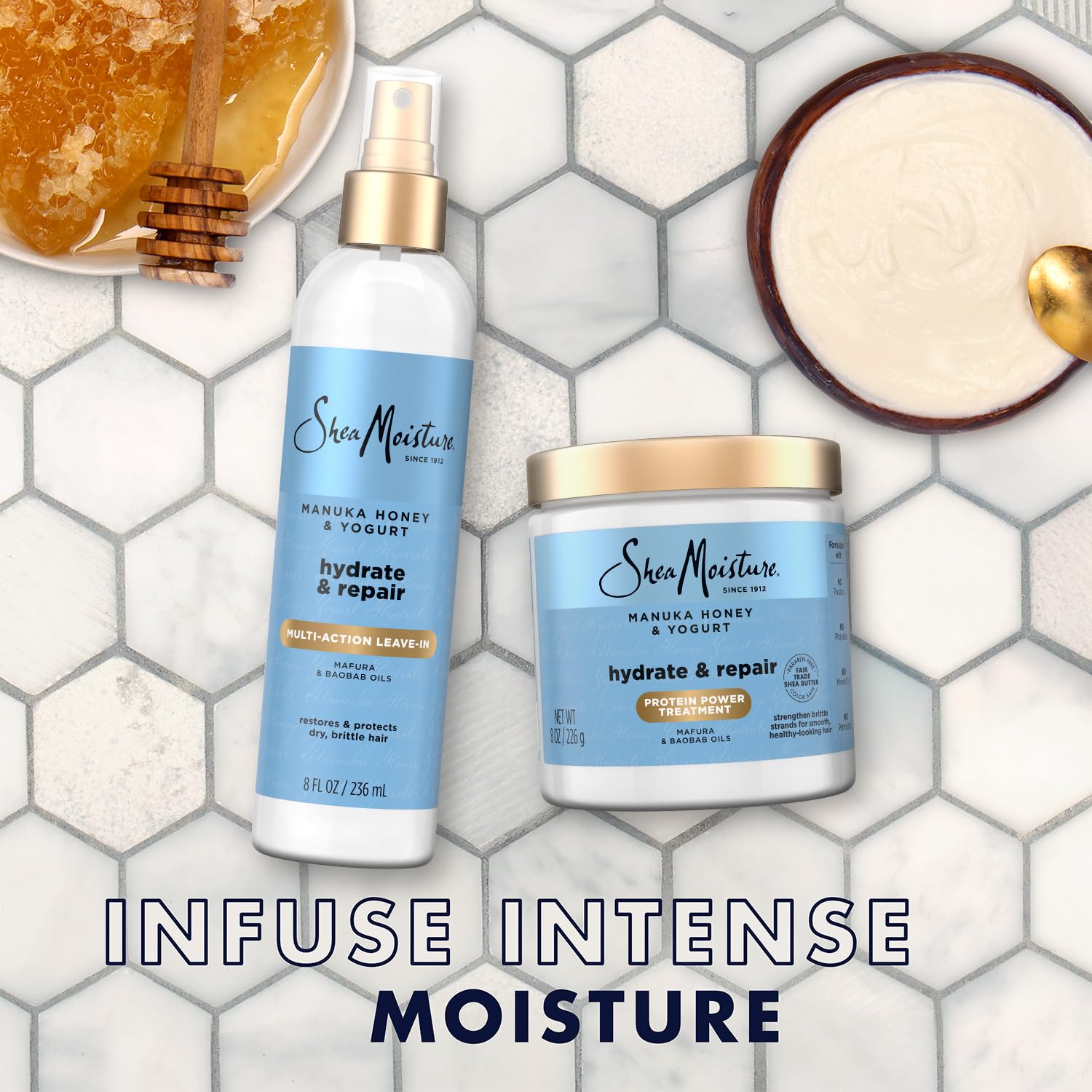 SheaMoisture Manuka Honey Yogurt Leave-In being applied emphasizes frizz control potential.