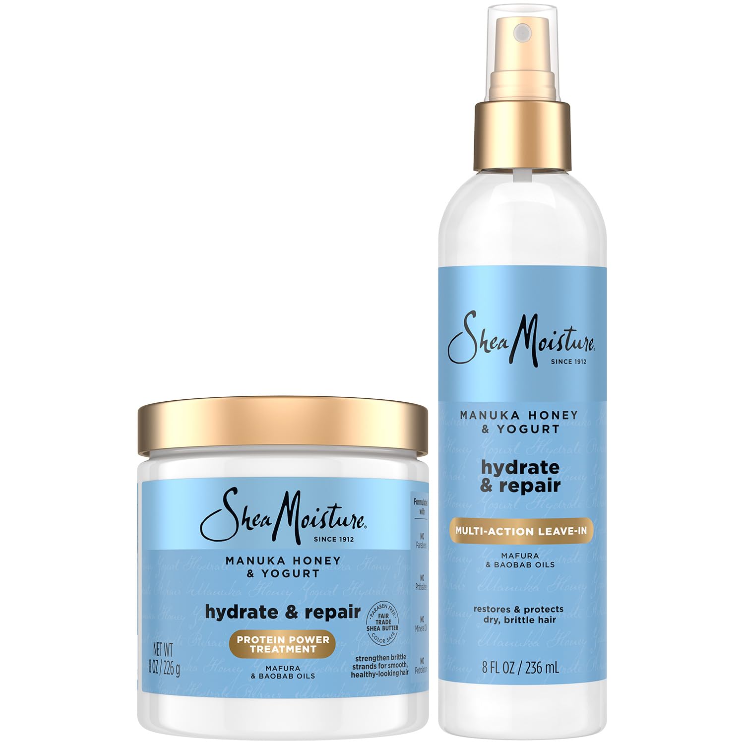 SheaMoisture Manuka Honey Yogurt Leave-In bottle shows hydrating detangling benefits.