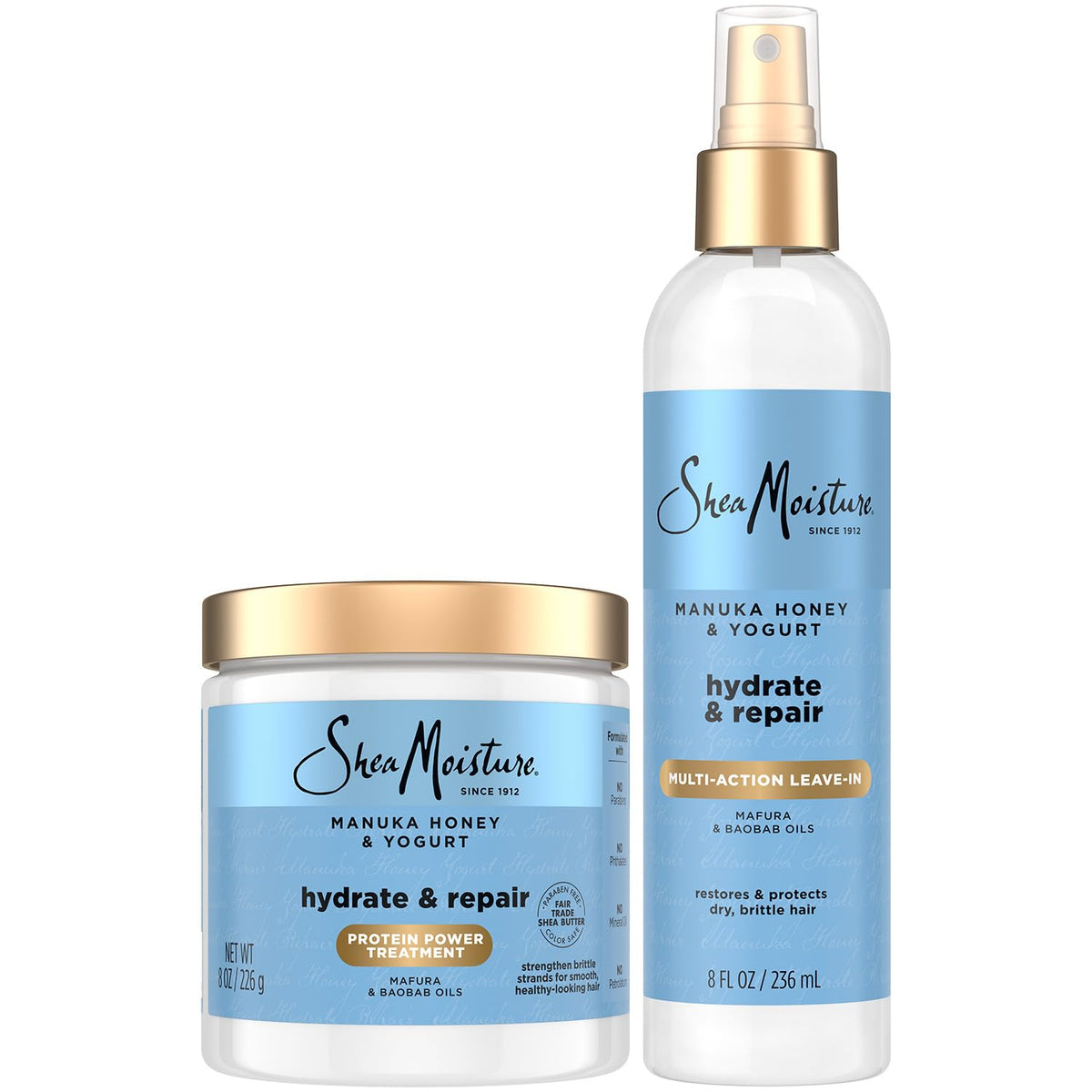SheaMoisture Manuka Honey Yogurt Leave-In bottle shows hydrating detangling benefits.