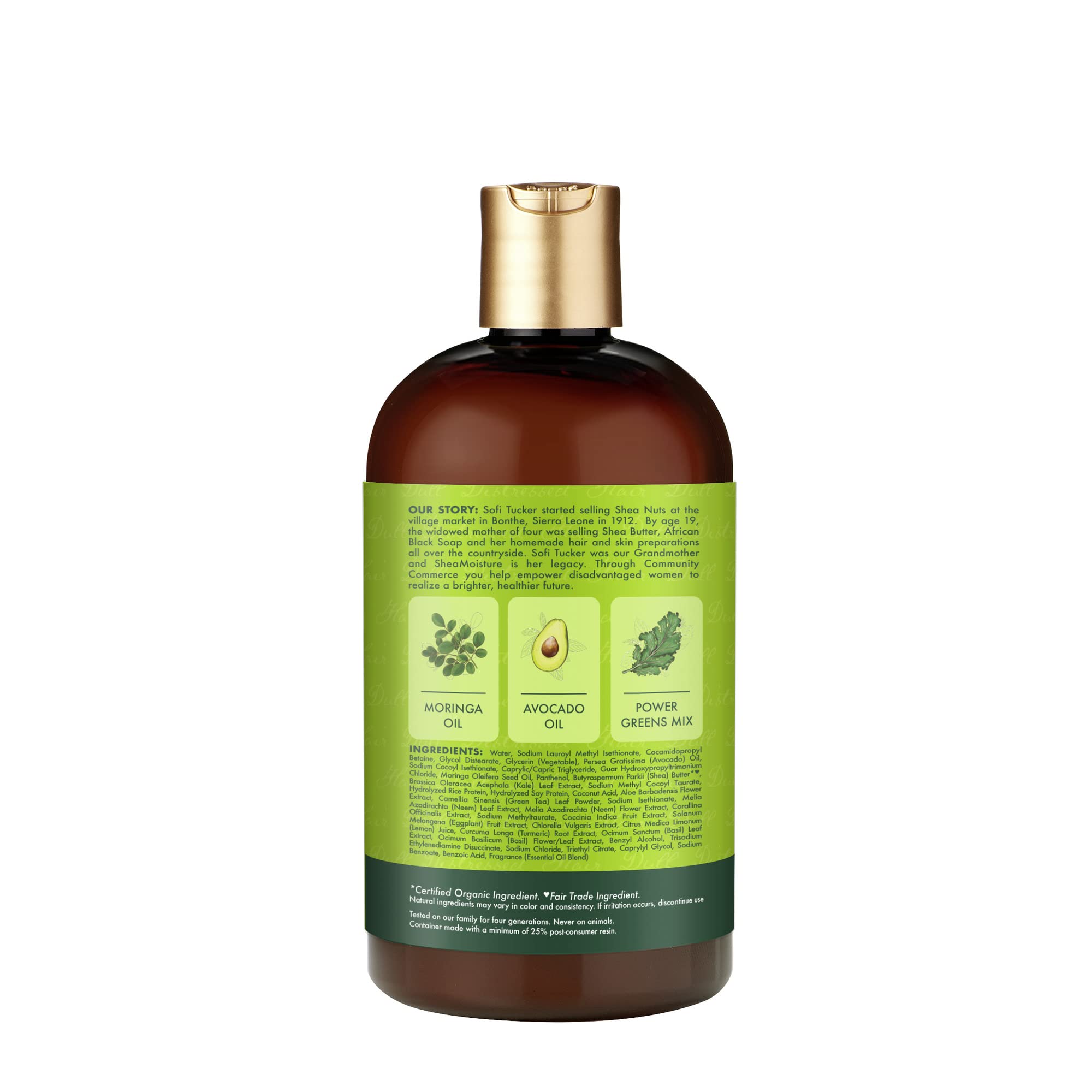 SheaMoisture Moringa Avocado Shampoo ingredients close-up highlights moringa and avocado.