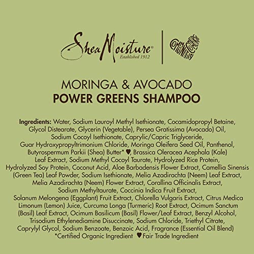 SheaMoisture Moringa Avocado Shampoo natural splash conveys botanical vitality.
