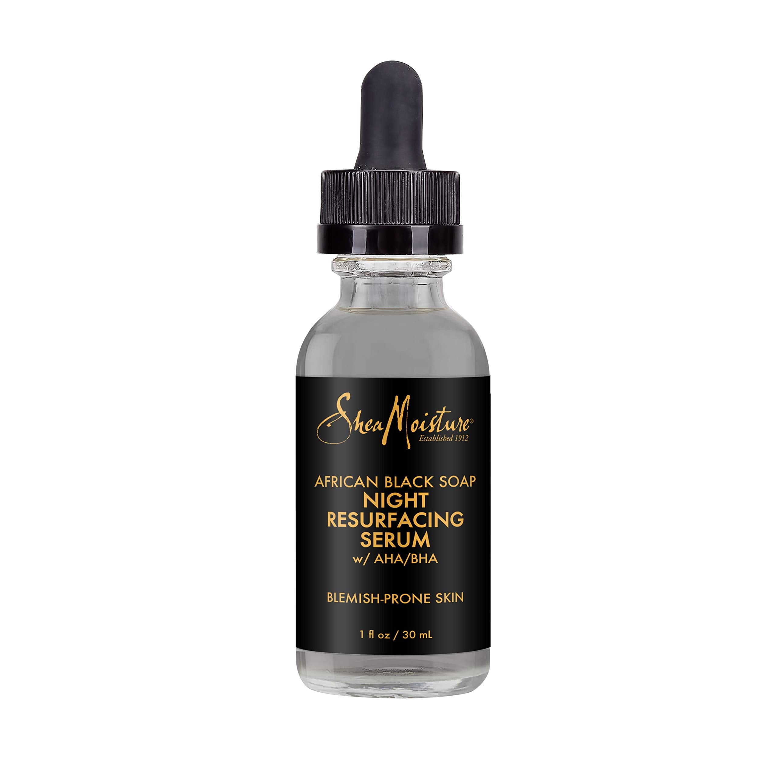 SheaMoisture overnight serum bottle closeup for clearer pores and nighttime ritual.